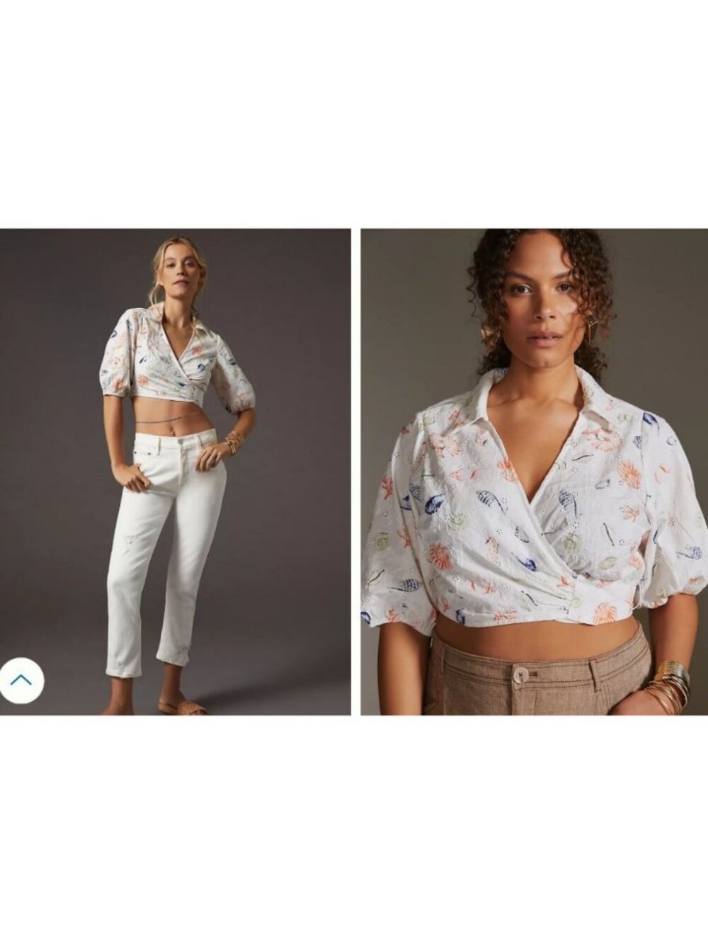 Anthropologie Maeve Ocean Seashells Puff-Sleeve Wrap Top - Medium - White